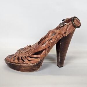 FRYE Joy Huarache Leather Shoes Heel Slingback Peep Toe Brown Sandal Womens 7 B